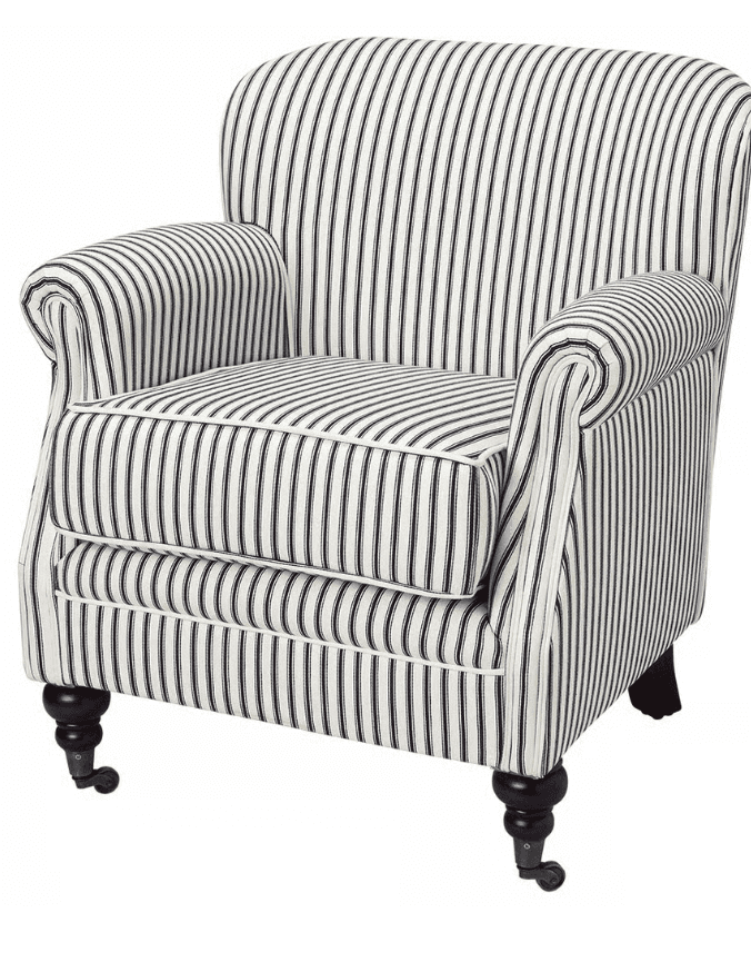 A classic upholstered armchair featuring a vertically striped white and navy blue fabric, rolled arm… — free OBJ 3D model