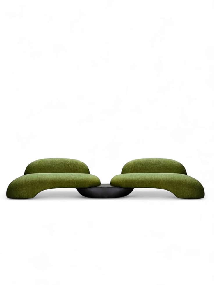 A modern organic modular bench featuring two curvilinear seating elements upholstered in green boucl… — 3D model