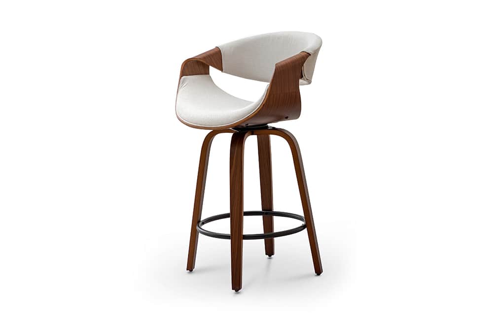 A swivel bar stool with a curved, molded shell seat and backrest. The seat and back are upholstered… — free BLEND 3D model