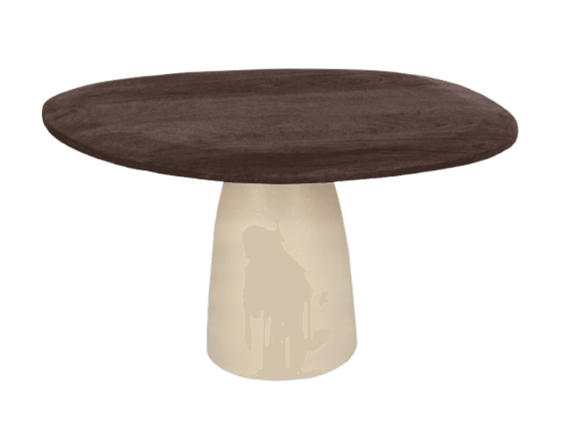 A small accent table featuring a dark, round, solid wood tabletop atop a thick, cream-colored, taper… — 3D model