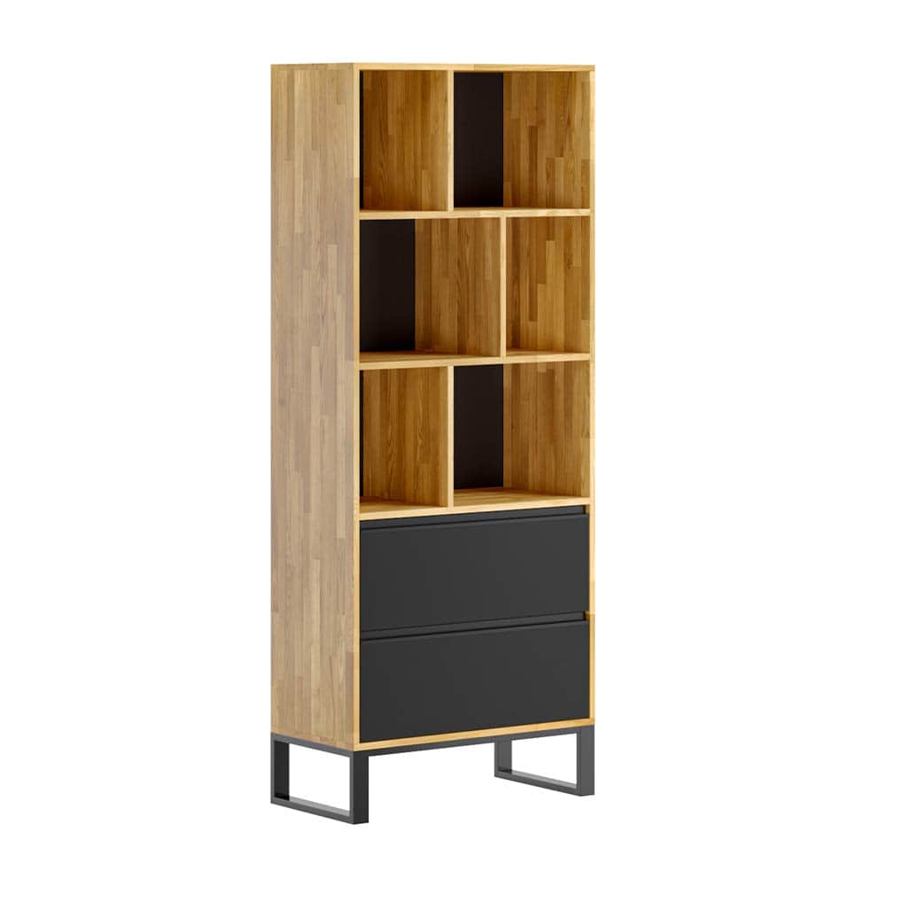 A tall, narrow modern bookshelf featuring a two-tone design with light wood and dark accents, suppor… — 3D model