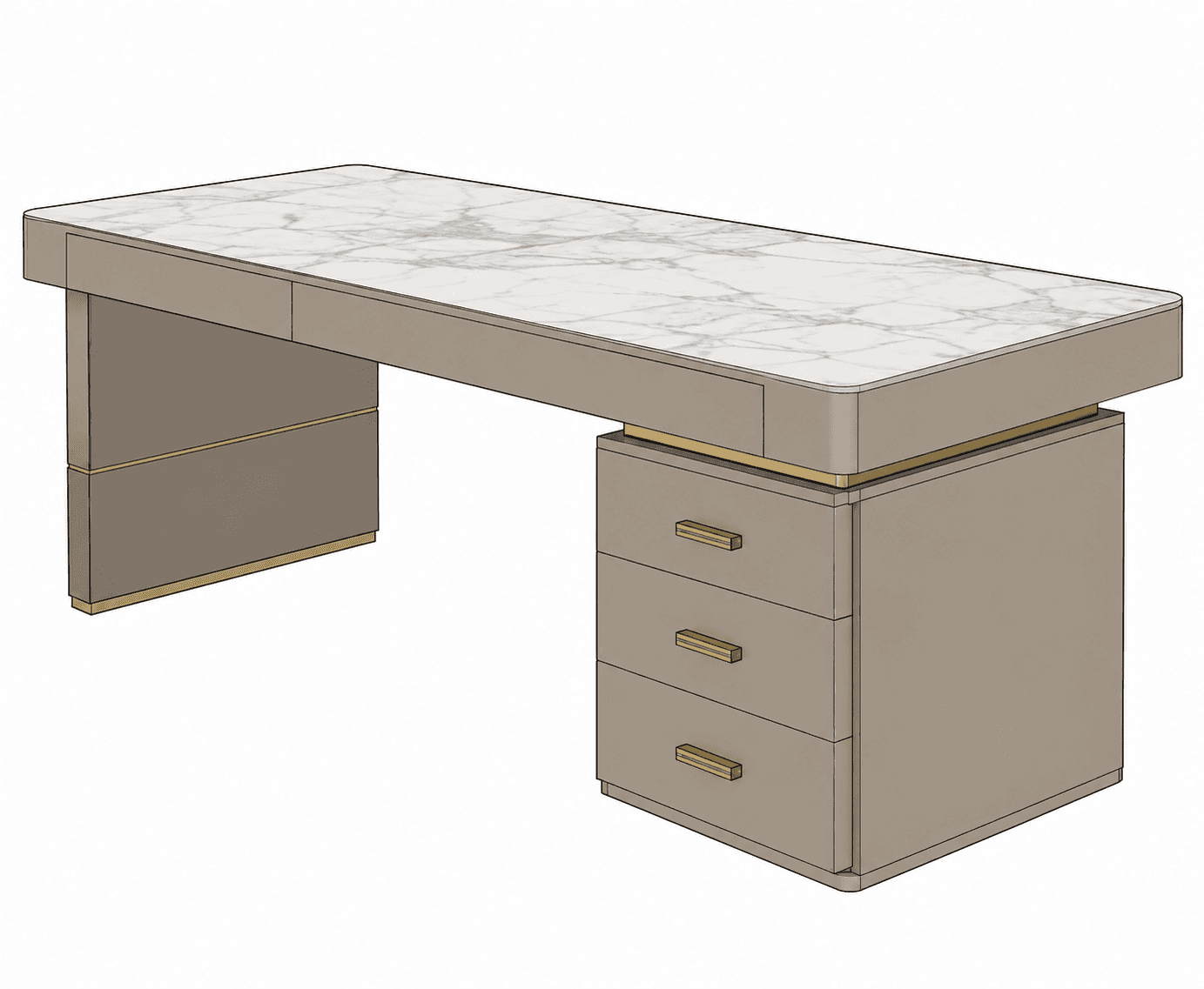 A modern executive desk featuring a rectangular white marble top with prominent grey veining, suppor… — free FBX 3D model