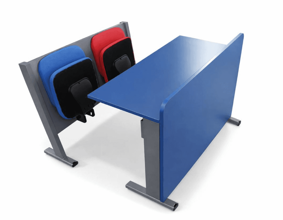 A modern modular desk with an integrated storage unit designed to hold stackable chairs. The desk fe… — 3D model