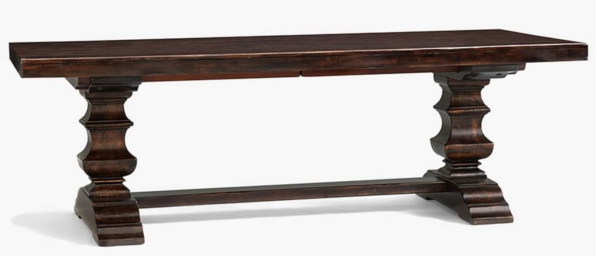 A dark brown wooden console table with a rectangular top and two ornate baluster-style legs connecte… — 3D model