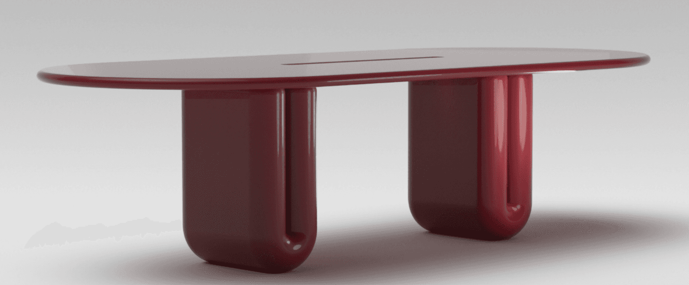 A modern, glossy deep red console table featuring an elongated, oval-shaped tabletop with smoothly r… — 3D model