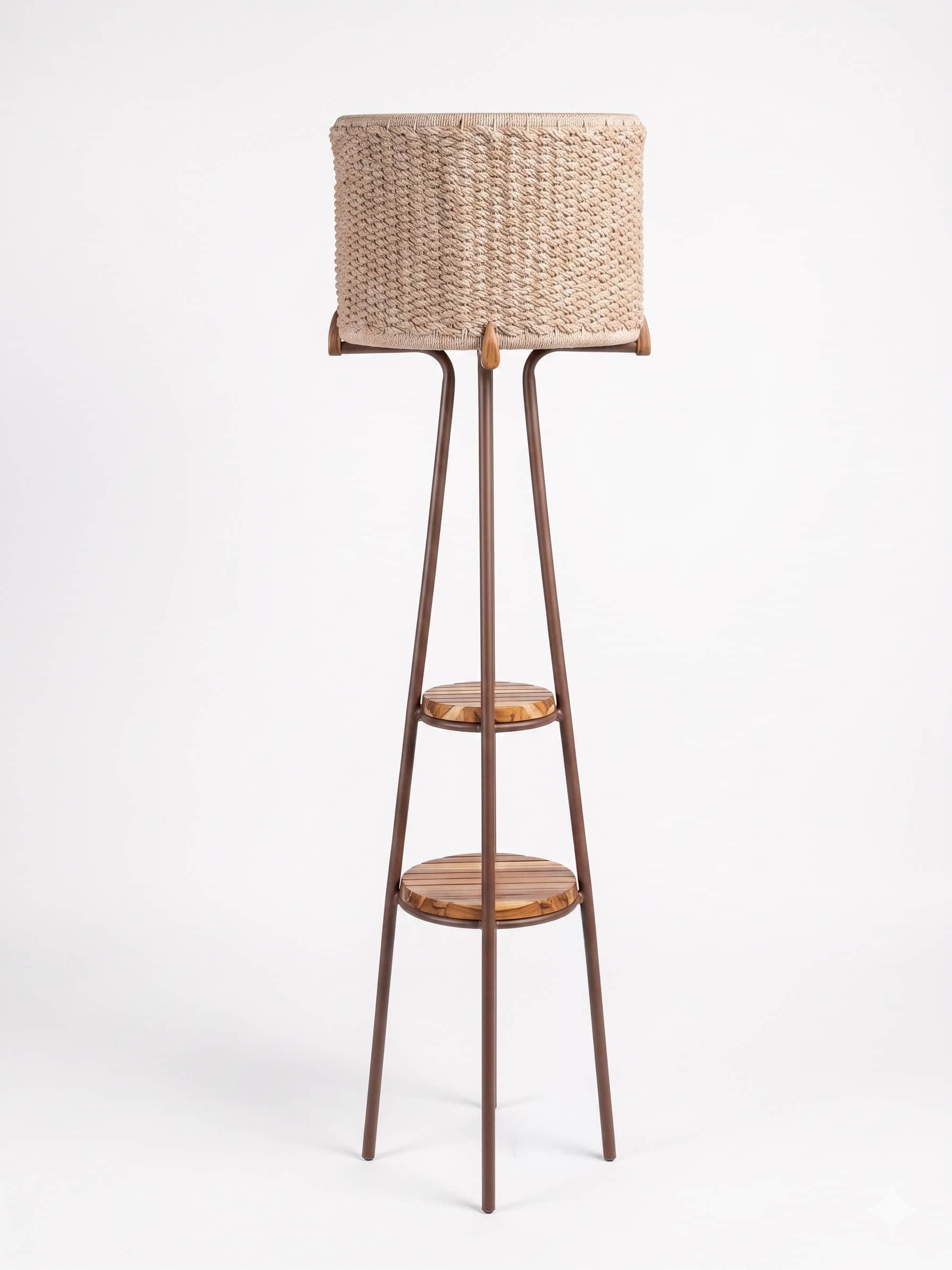 A floor lamp featuring a cylindrical shade made of woven rope-like material, set atop a slender dark… — 3D model