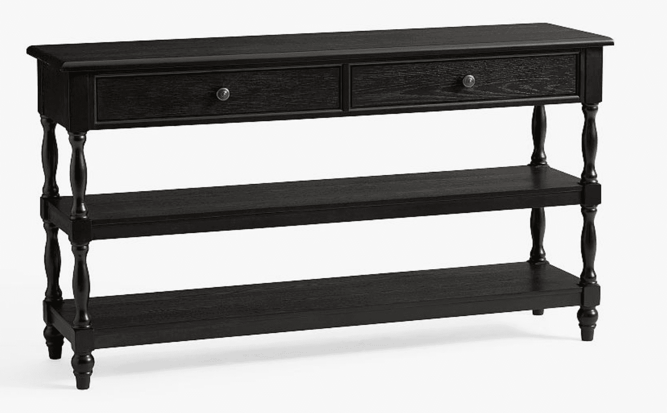 A black console table featuring a rectangular top with a beveled edge. It has two drawers across the… — 3D model