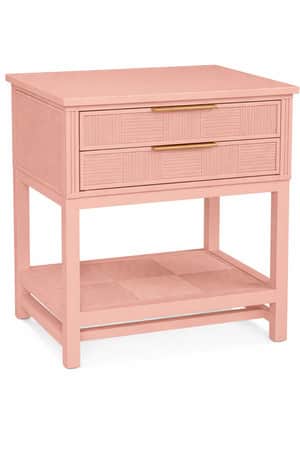 A contemporary blush pink nightstand featuring two drawers with reeded cane-style textured fronts, c… — 3D model