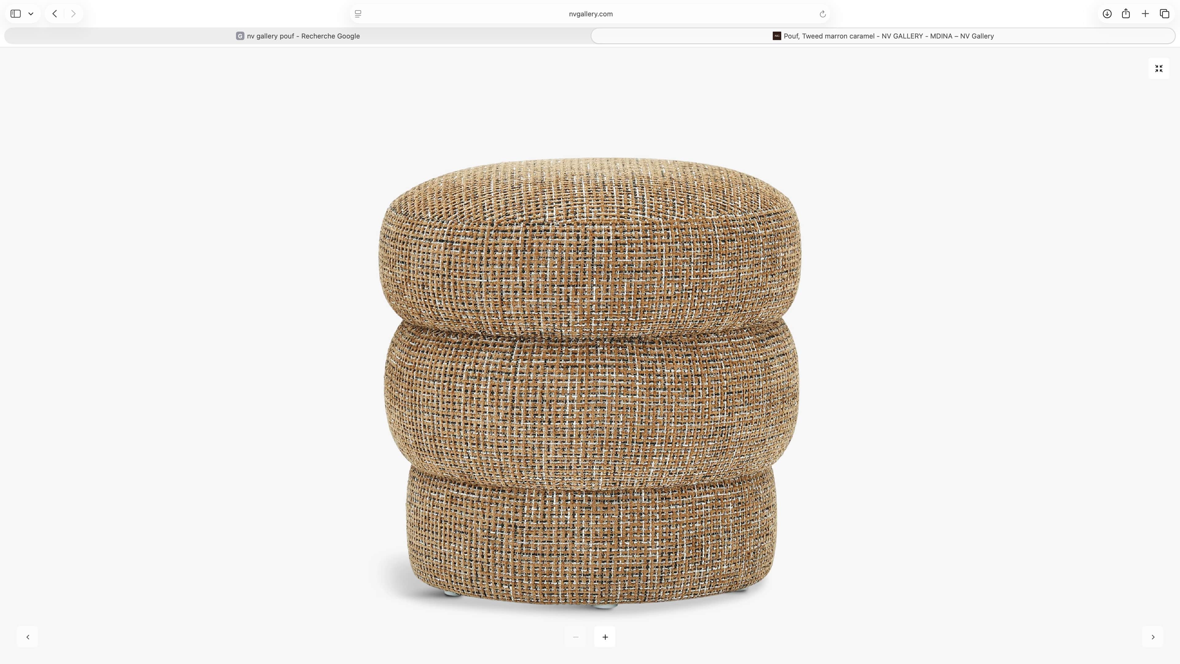 A round, three-tiered upholstered pouf, covered in a textured, light brown woven fabric, resting on… — 3D model