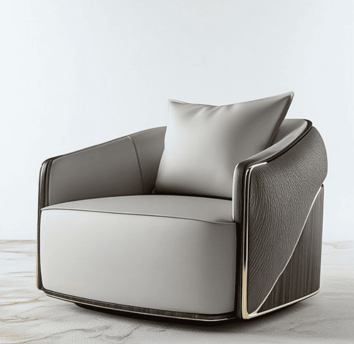 A luxurious armchair with a contemporary design. It features a light gray upholstered seat and back,… — free OBJ 3D model
