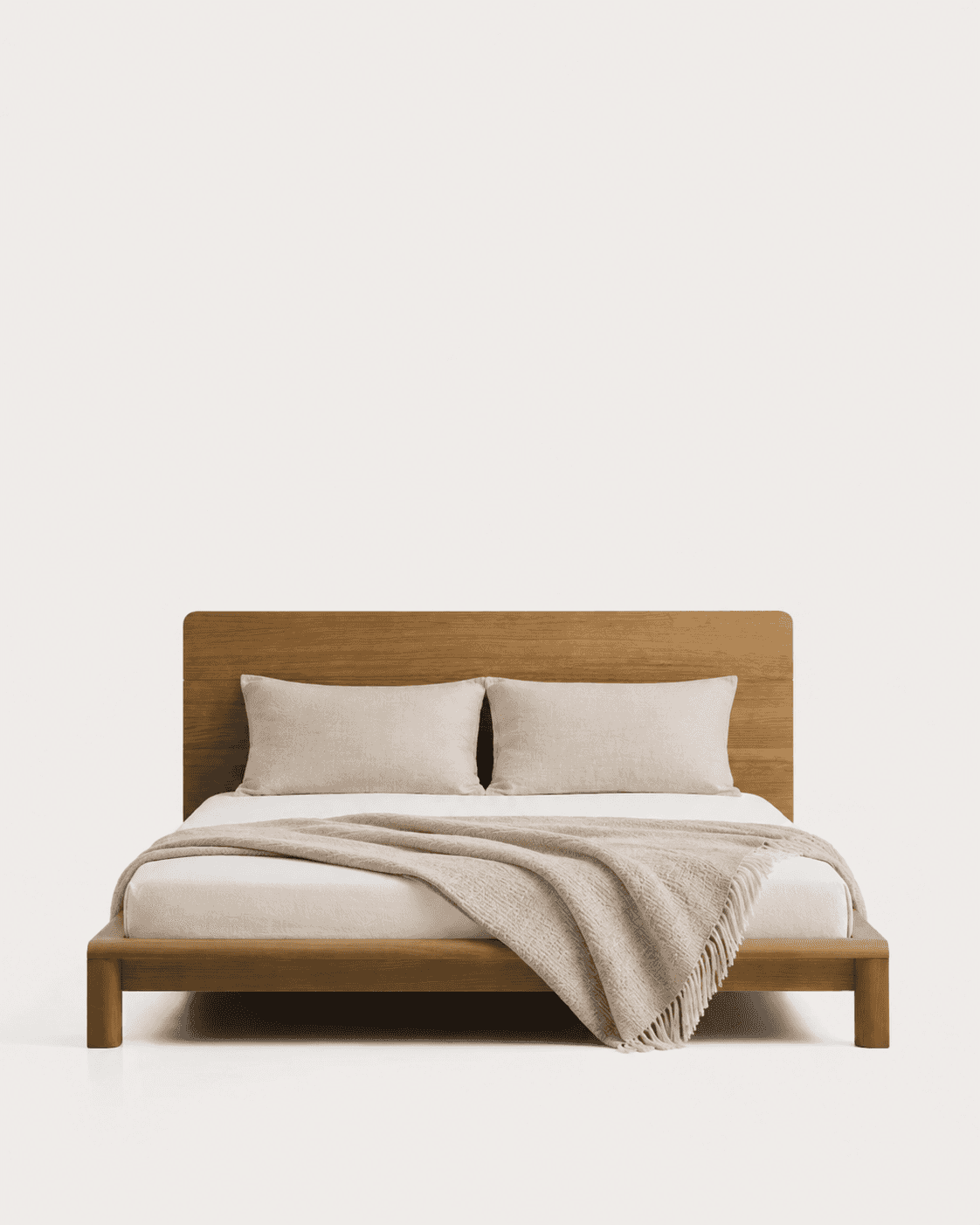 A modern solid wood platform bed featuring a minimalist design. The bed frame and integrated headboa… — 3D model