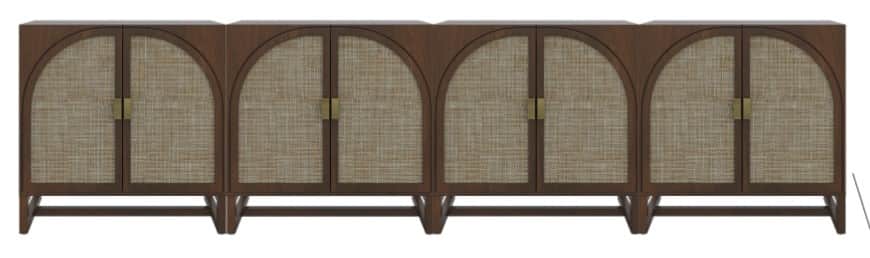 A long, low sideboard with a wooden frame and four arched cabinet doors. Each door features a woven… — 3D model