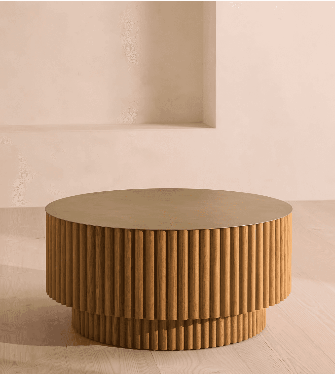 A cylindrical coffee table with a fluted wooden base and a metallic top. The base is composed of num… — free BLEND 3D model