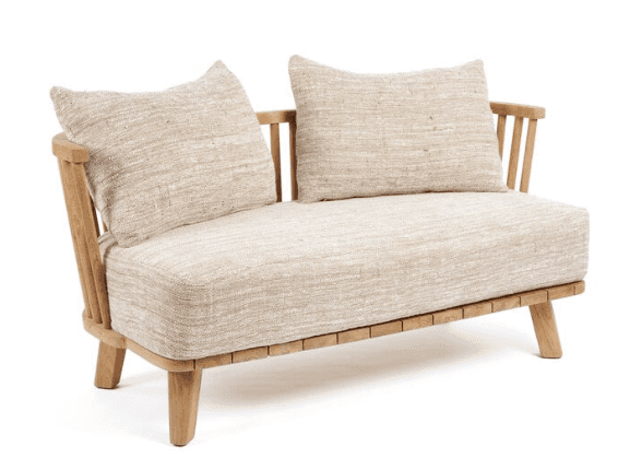 A two-seater sofa constructed with a light-colored wooden frame. The frame features slatted detailin… — 3D model