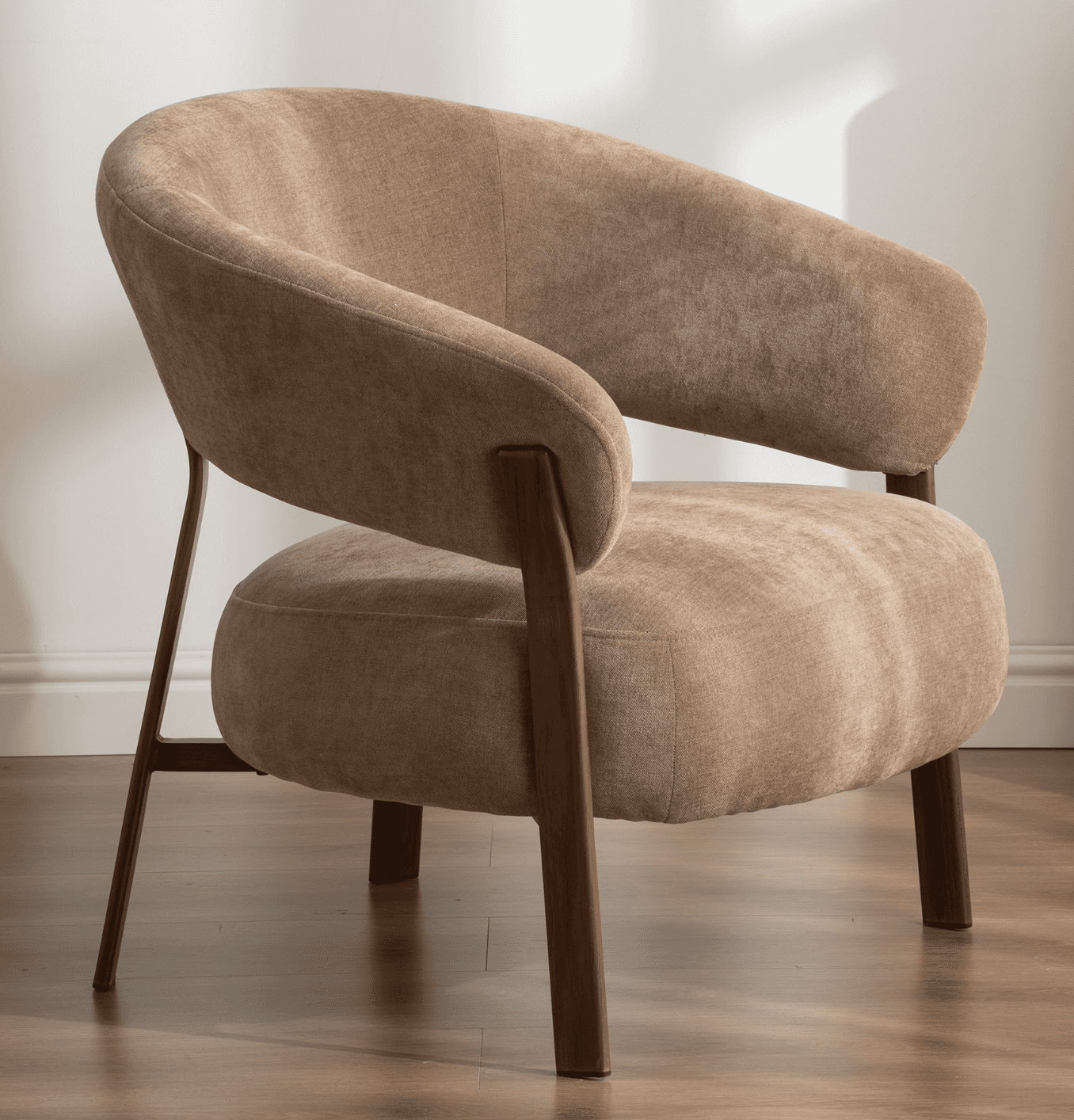 A contemporary accent chair featuring a rounded, enveloping backrest that flows into armrests. The s… — free OBJ 3D model
