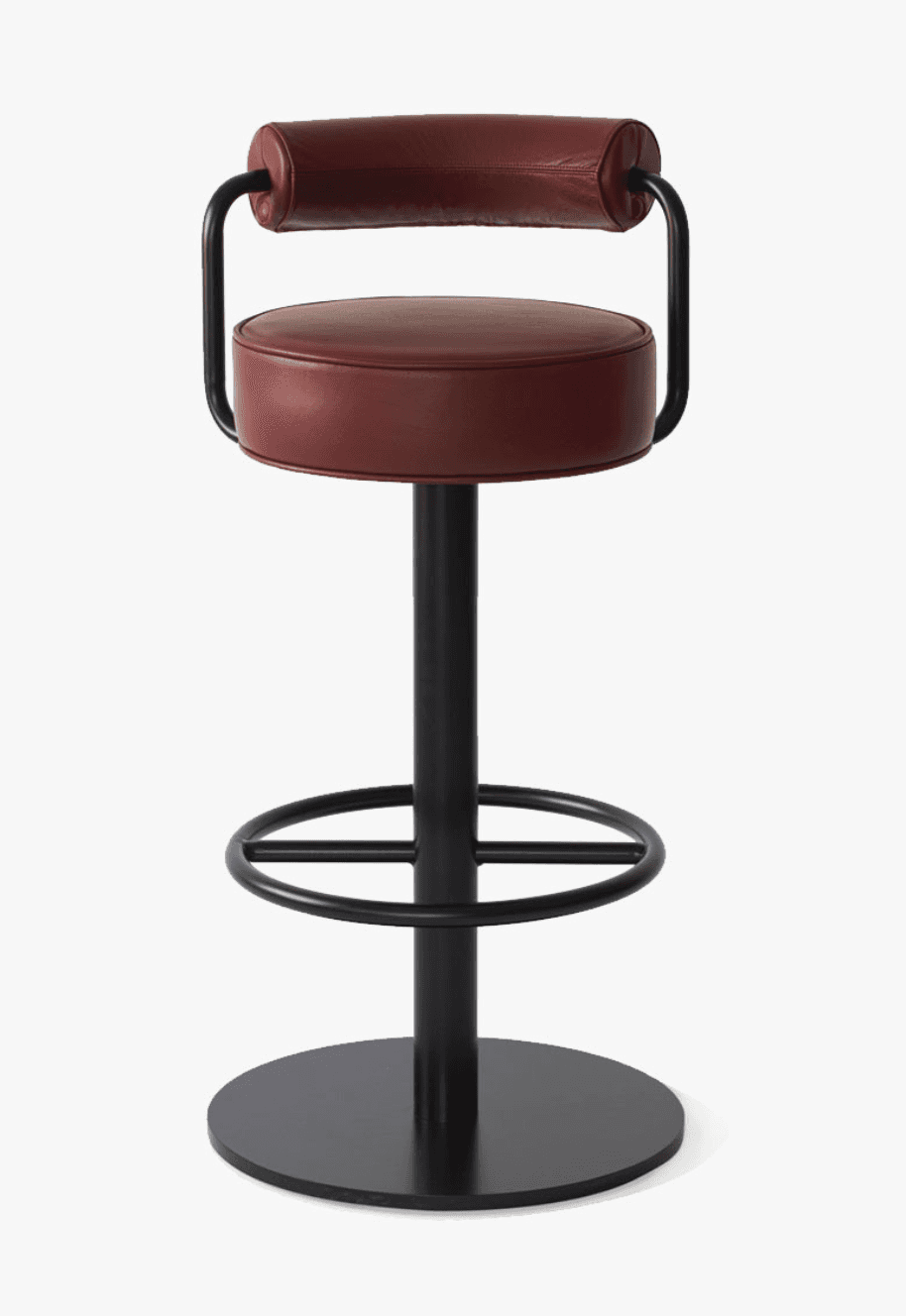 A contemporary bar stool featuring a round upholstered seat and a tubular metal backrest with a padd… — 3D model