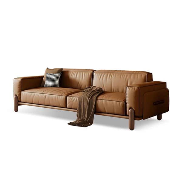 A contemporary three-seater sofa with a low-profile design, upholstered in brown leather. It feature… — 3D model