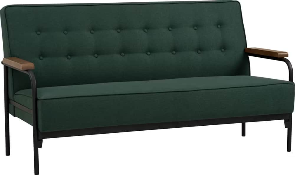 A two-seater sofa with a deep green upholstered seat and backrest. The backrest features tufted butt… — free GLTF 3D model