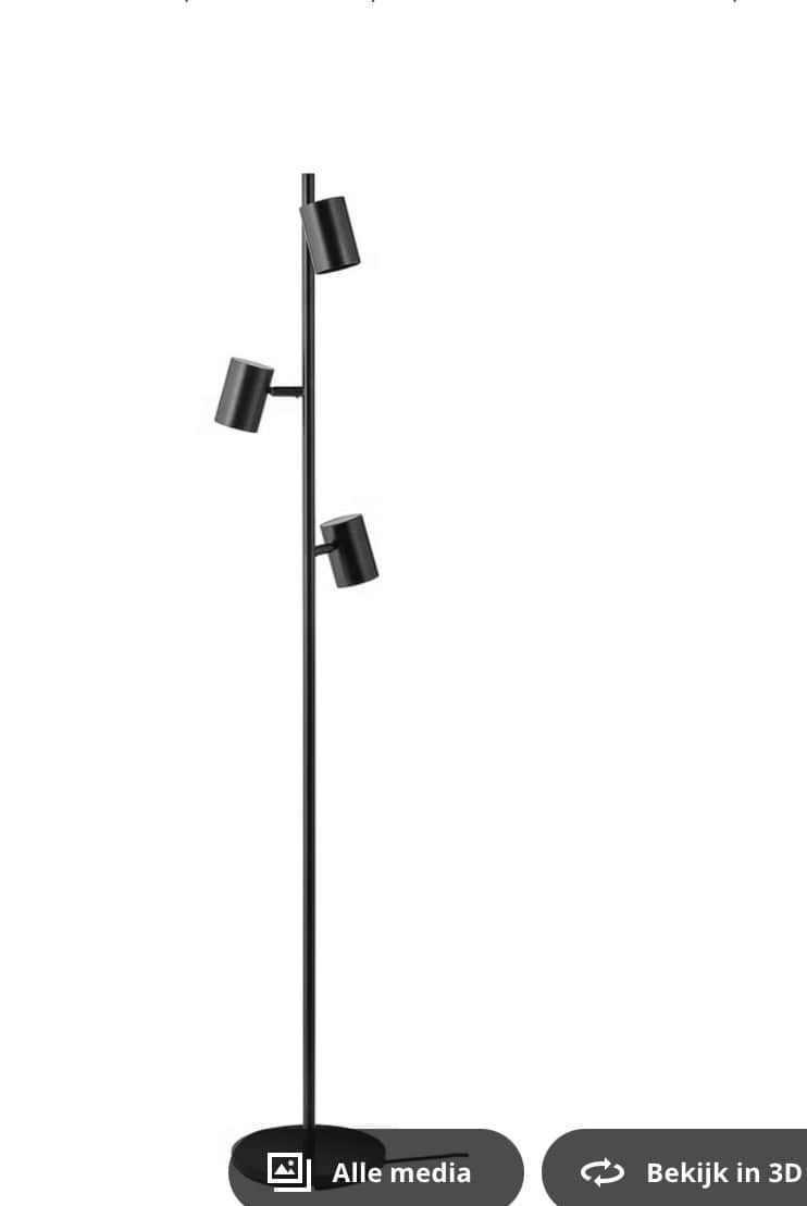 A tall, slender black floor lamp featuring a stable circular base and a central pole. Three cylindri… — 3D model