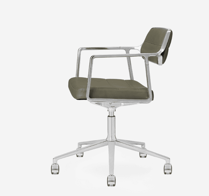 A modern swivel desk chair featuring olive green upholstered panels, a polished aluminum frame, inte… — 3D model