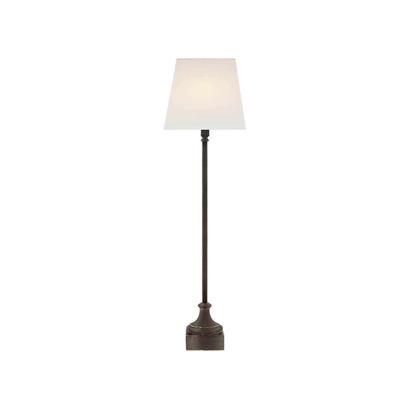 A tall, slender floor lamp featuring a dark, possibly bronze-finished metal base and stem, topped wi… — 3D model