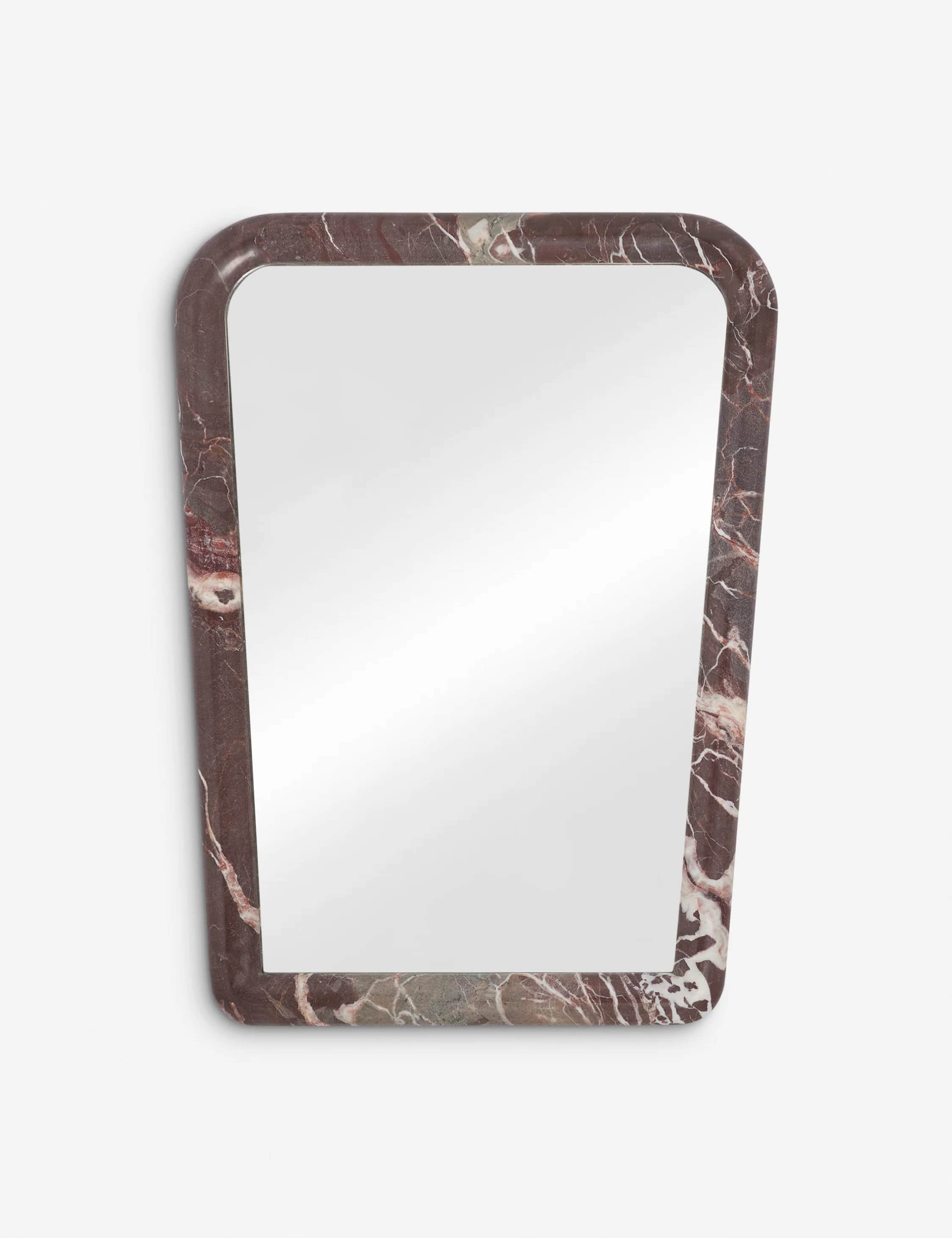 A wall-mounted mirror featuring a thick, sculptured frame crafted from reddish-brown marble with dis… — 3D model