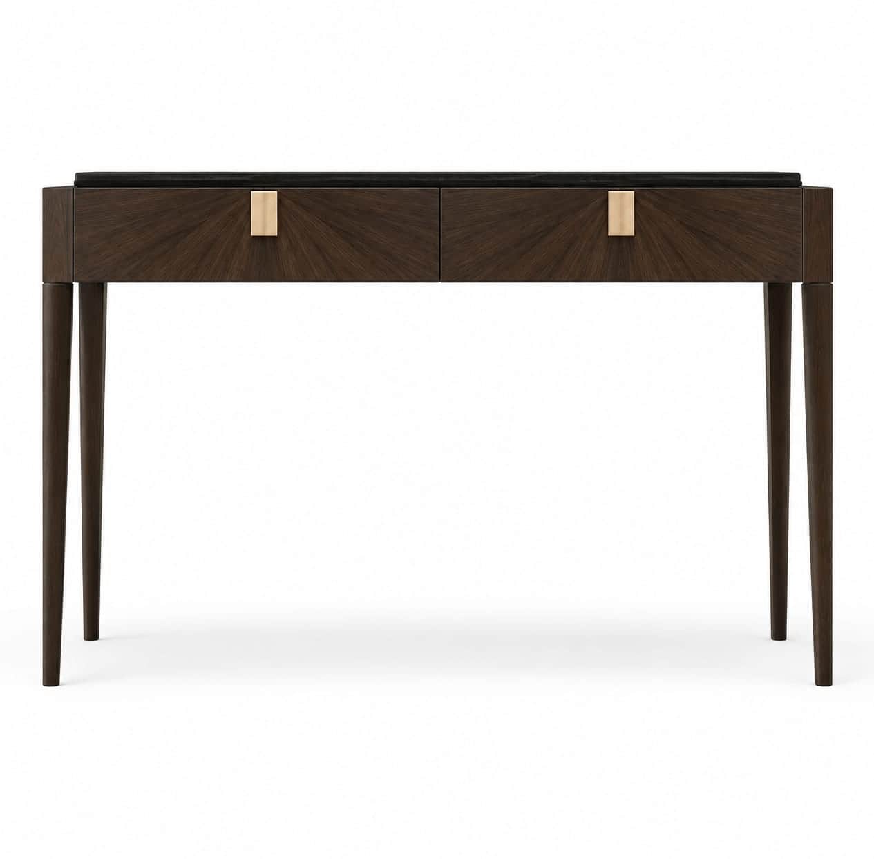 A sophisticated console table featuring two drawers, each adorned with a rectangular brass pull. The… — 3D model