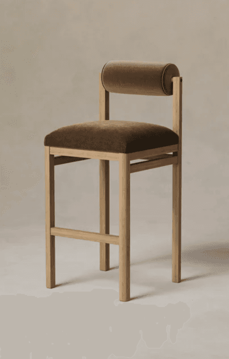 A modern bar stool with a wooden frame and upholstered seat and backrest. The seat is rectangular an… — 3D model