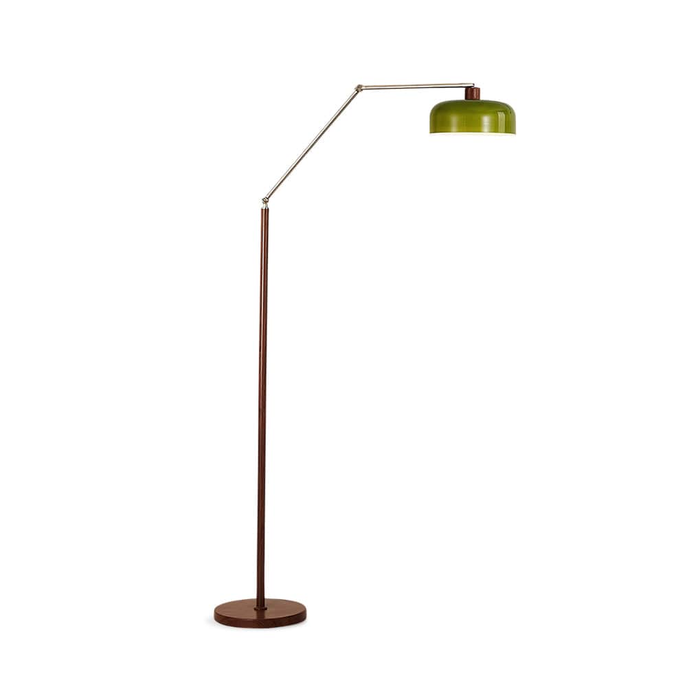 A floor lamp with a dark wood-toned circular base and a slender, dark brown vertical pole. An articu… — 3D model