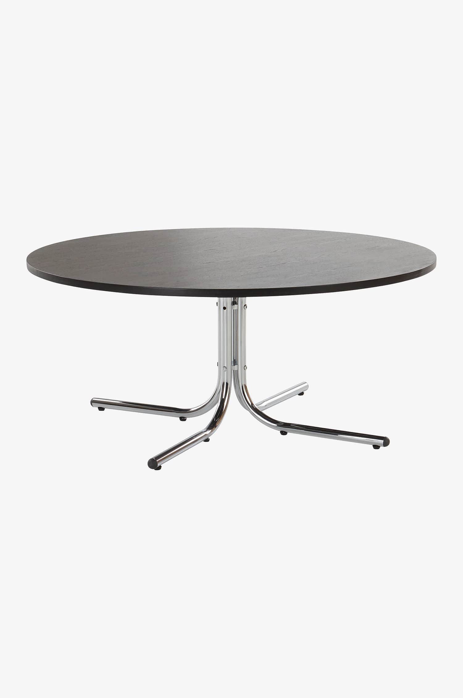 A round table featuring a dark, possibly black or dark wood laminate top, supported by a polished ch… — 3D model