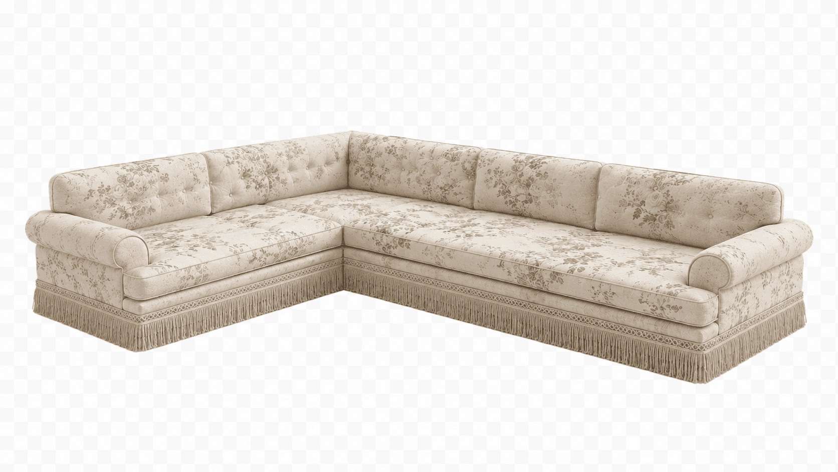An L-shaped sectional sofa upholstered in a light-colored fabric with a multi-toned floral pattern.… — free FBX 3D model