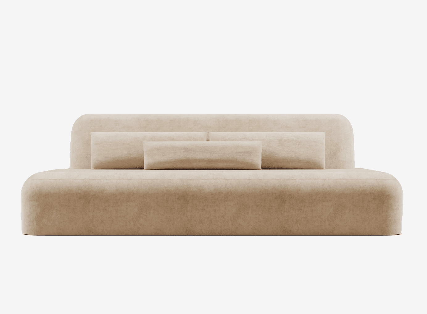 A modern, low-profile sofa with rounded edges and plush upholstery. It features a unified seat and a… — 3D model