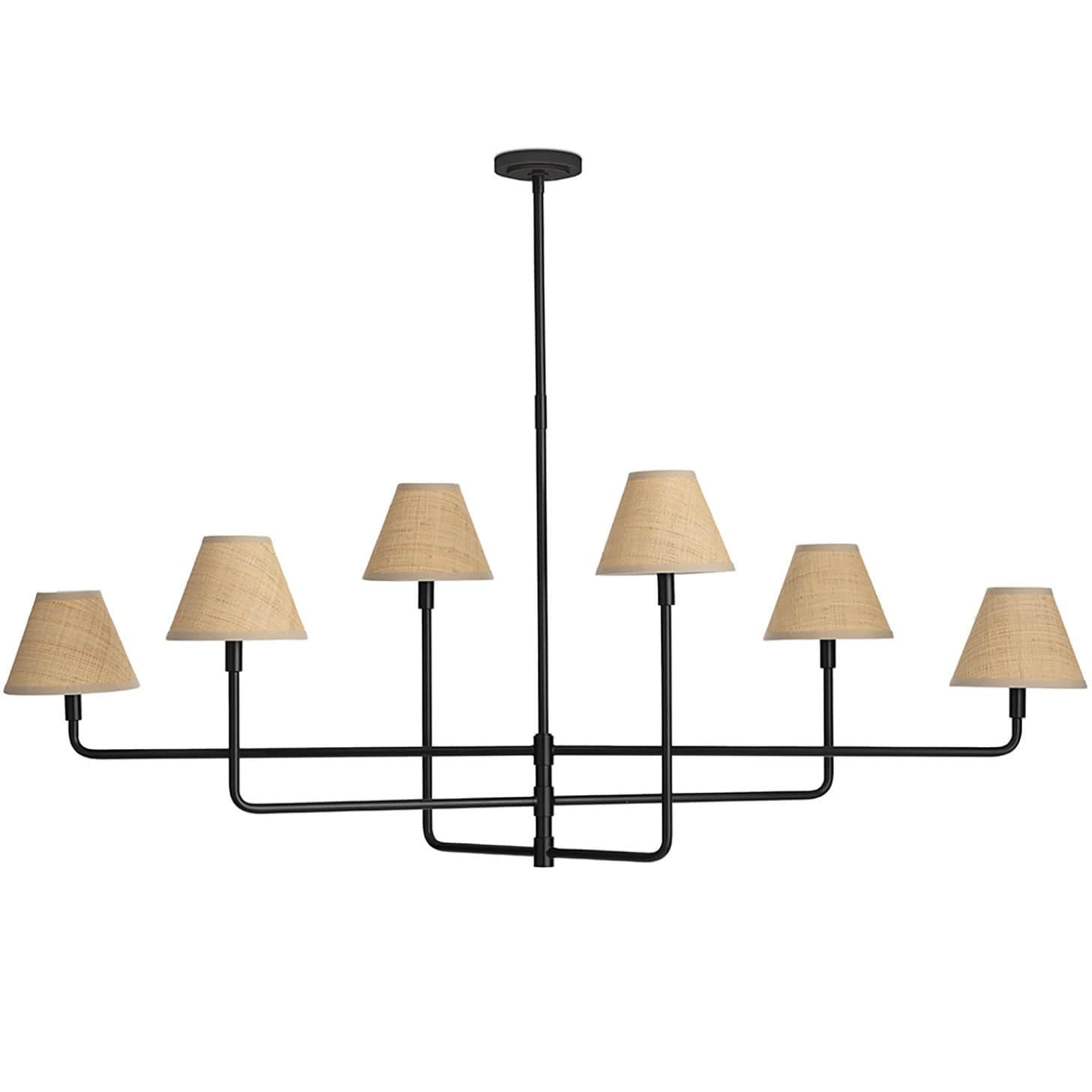 A black metal chandelier with seven shades. The central stem is suspended from a ceiling canopy, and… — 3D model