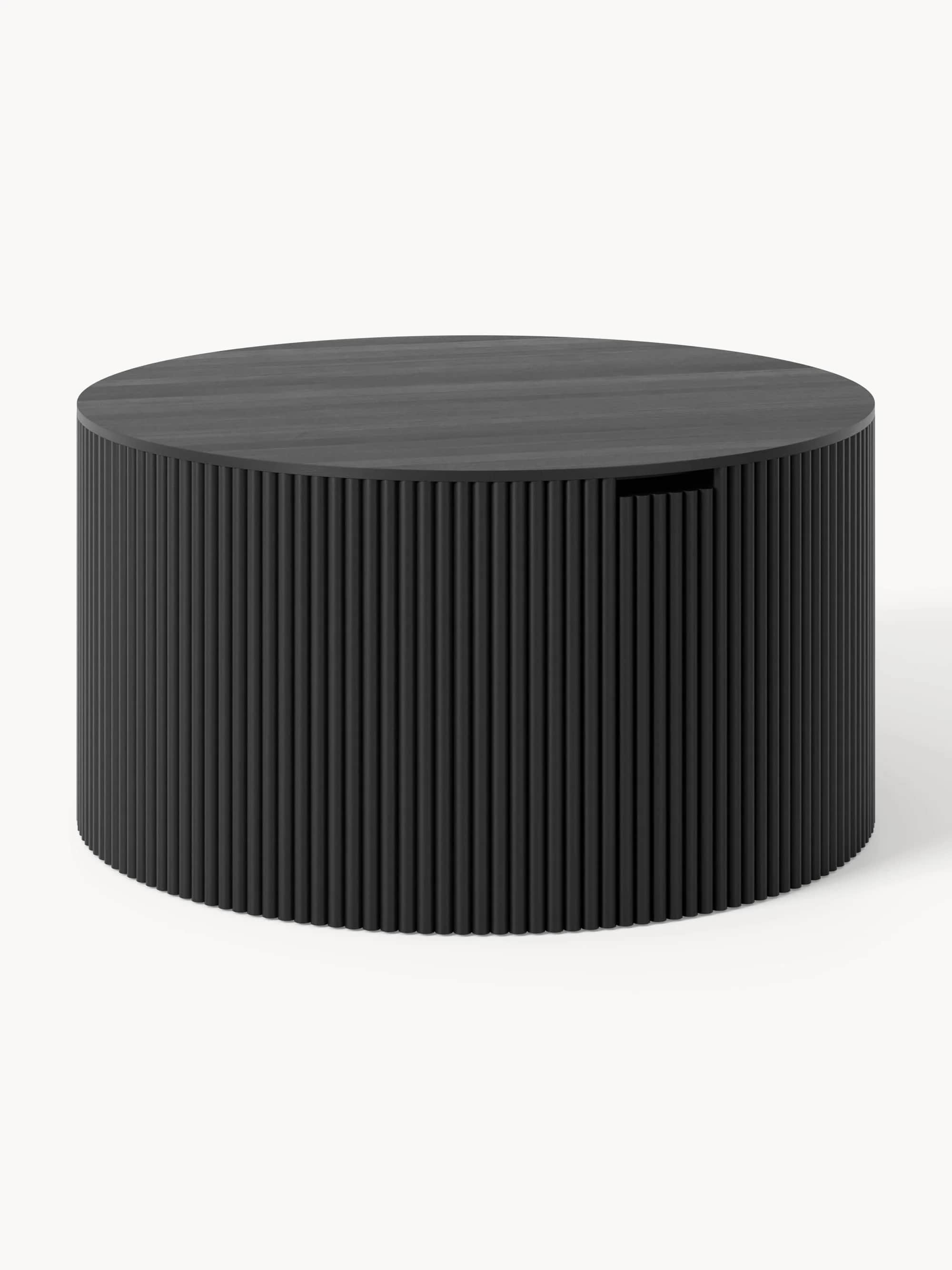 A contemporary, dark-finished coffee table featuring a solid cylindrical form. The exterior is compo… — 3D model