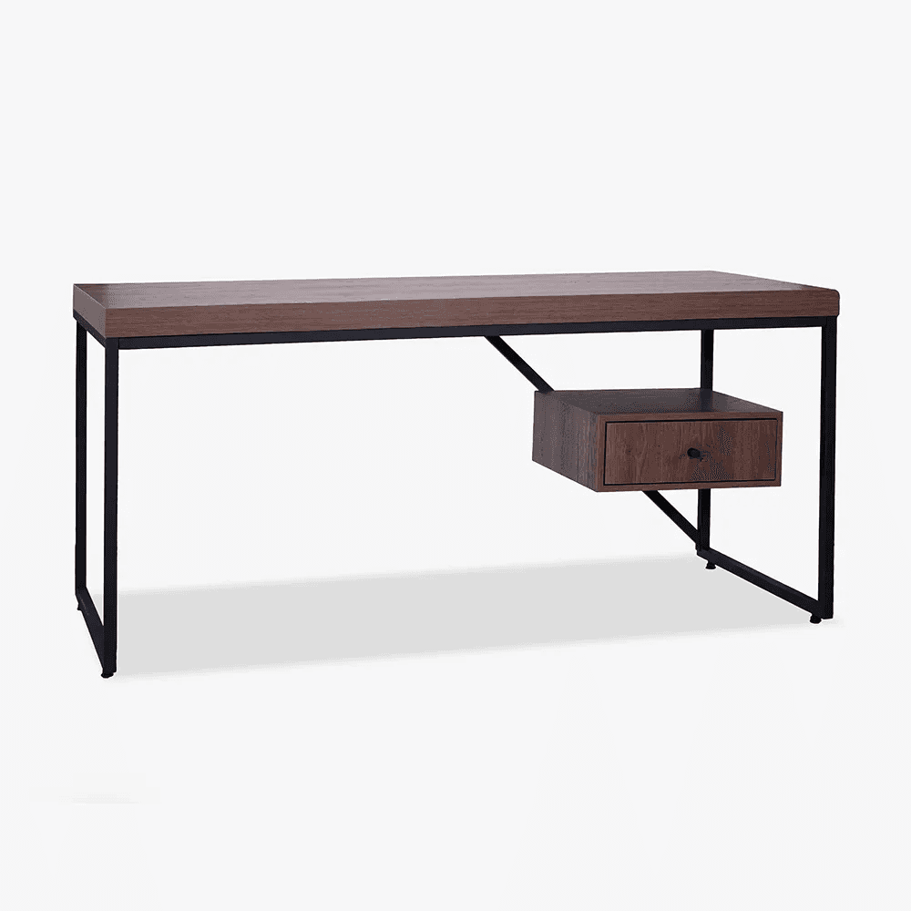 A rectangular desk featuring a brown wood-look top supported by a minimalist black metal frame, with… — 3D model