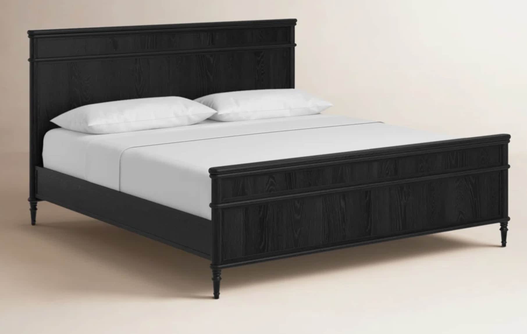 A black wooden bed frame with a headboard and footboard. The headboard has a rectangular top rail wi… — 3D model