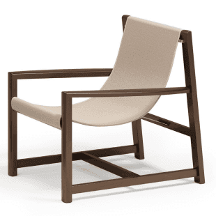 A modern lounge chair featuring a dark brown wooden frame with a light beige fabric sling for the se… — 3D model