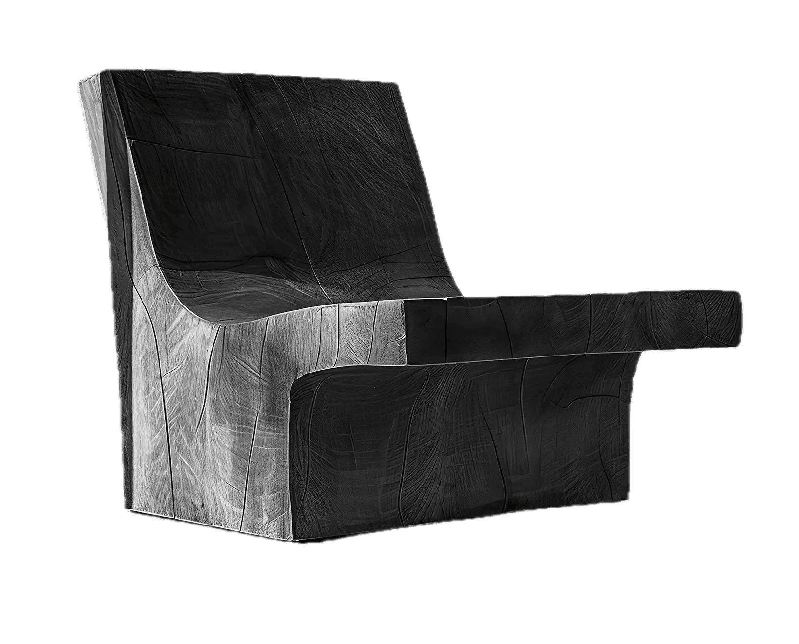 A sculptural lounge chair crafted from dark, textured wood with a monolithic and angular design, fea… — free OBJ 3D model