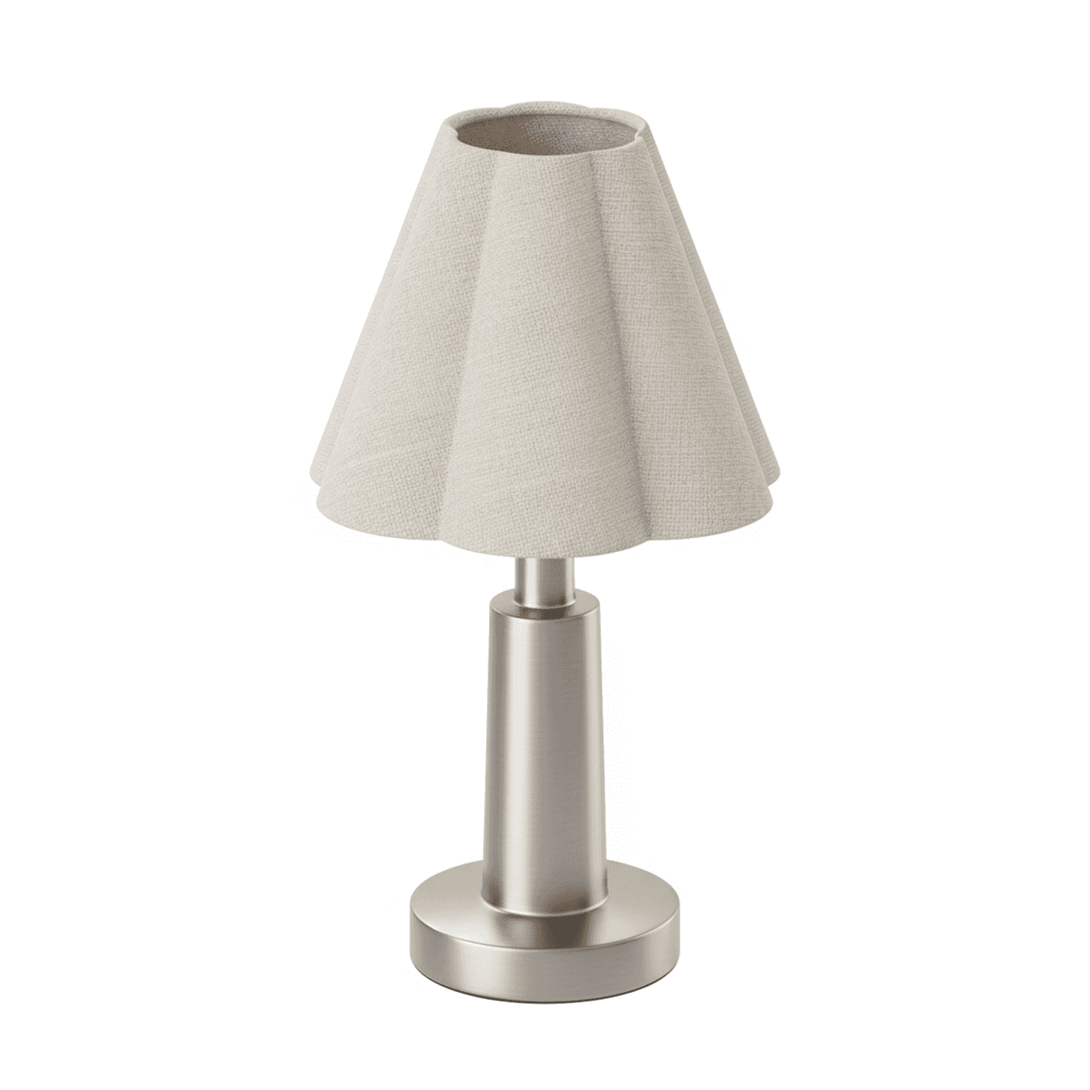 A modern table lamp featuring a cylindrical brushed metal base and a pleated conical fabric shade in… — 3D model