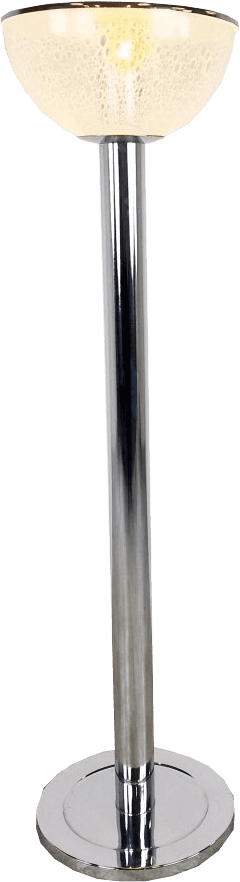 A modern floor lamp with a chrome-plated metal stand and a white, bowl-shaped shade. The lamp has a… — 3D model
