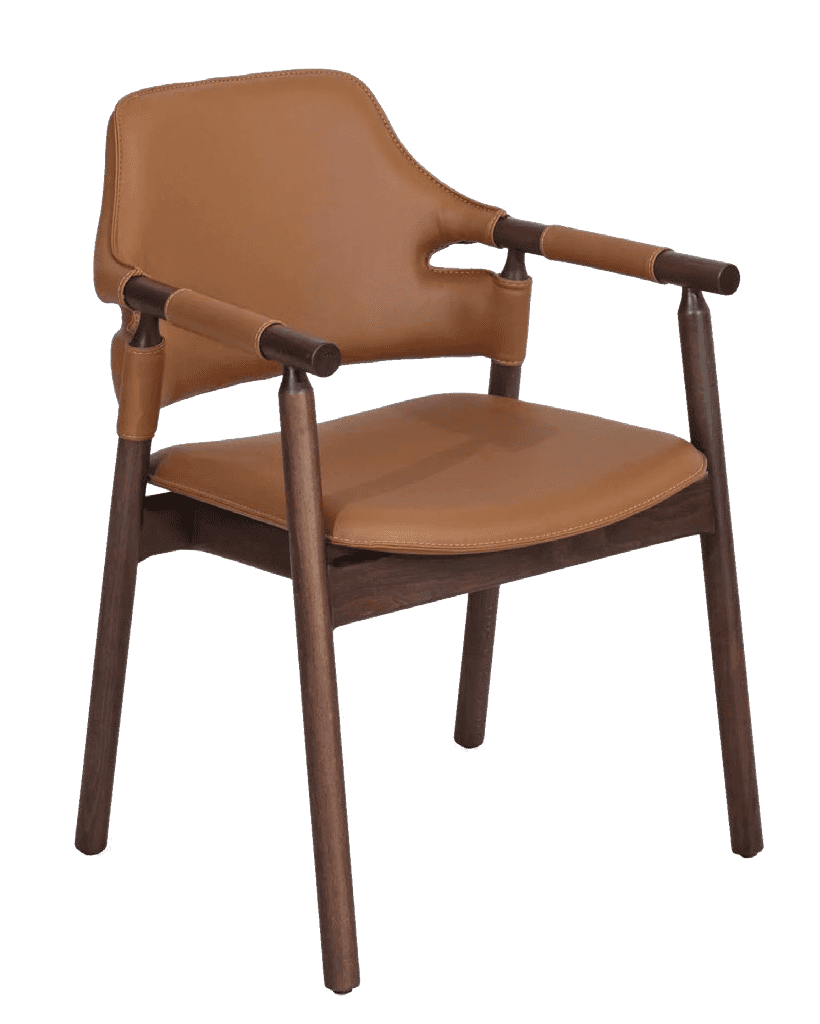 A contemporary armchair featuring a dark wood frame with a tan leather upholstered seat and backrest… — free OBJ 3D model