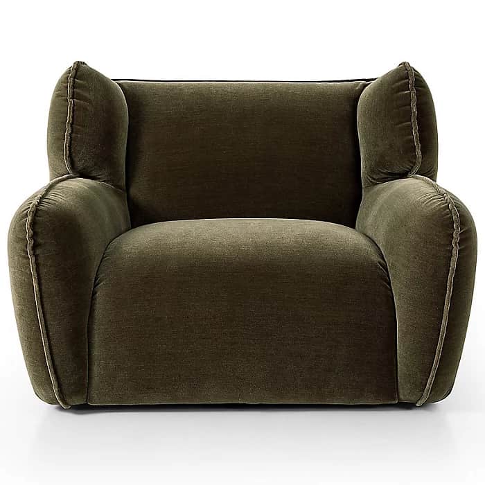 A plush, olive green velvet upholstered lounge chair featuring rounded, integrated armrests and a hi… — free OBJ 3D model