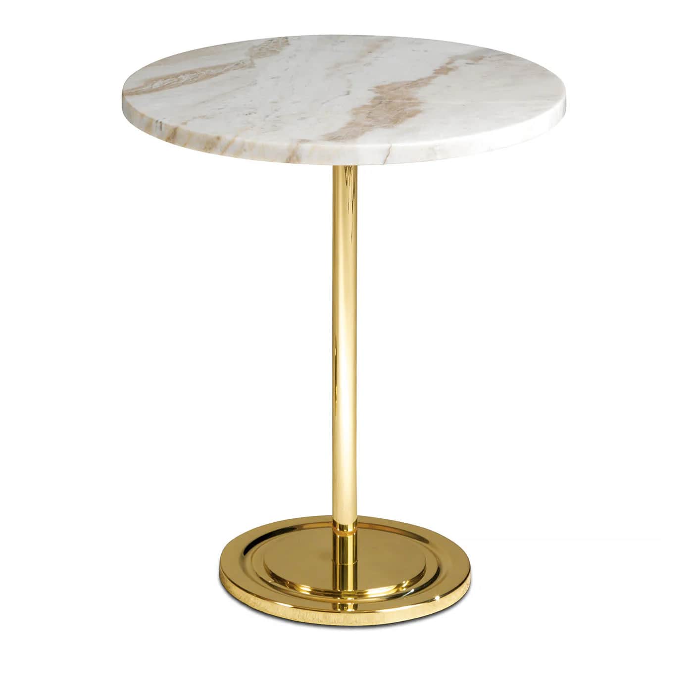 A round side table with a marble top and a polished brass pedestal base. The marble top exhibits nat… — 3D model