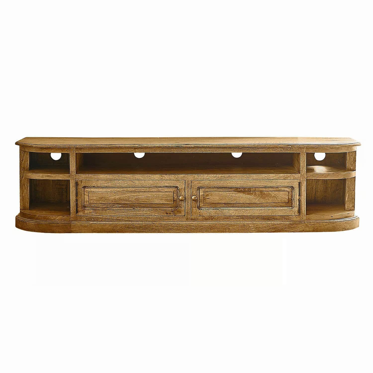 A long, low-profile wooden TV stand with a curved front. It features a wide, open shelf across the t… — 3D model