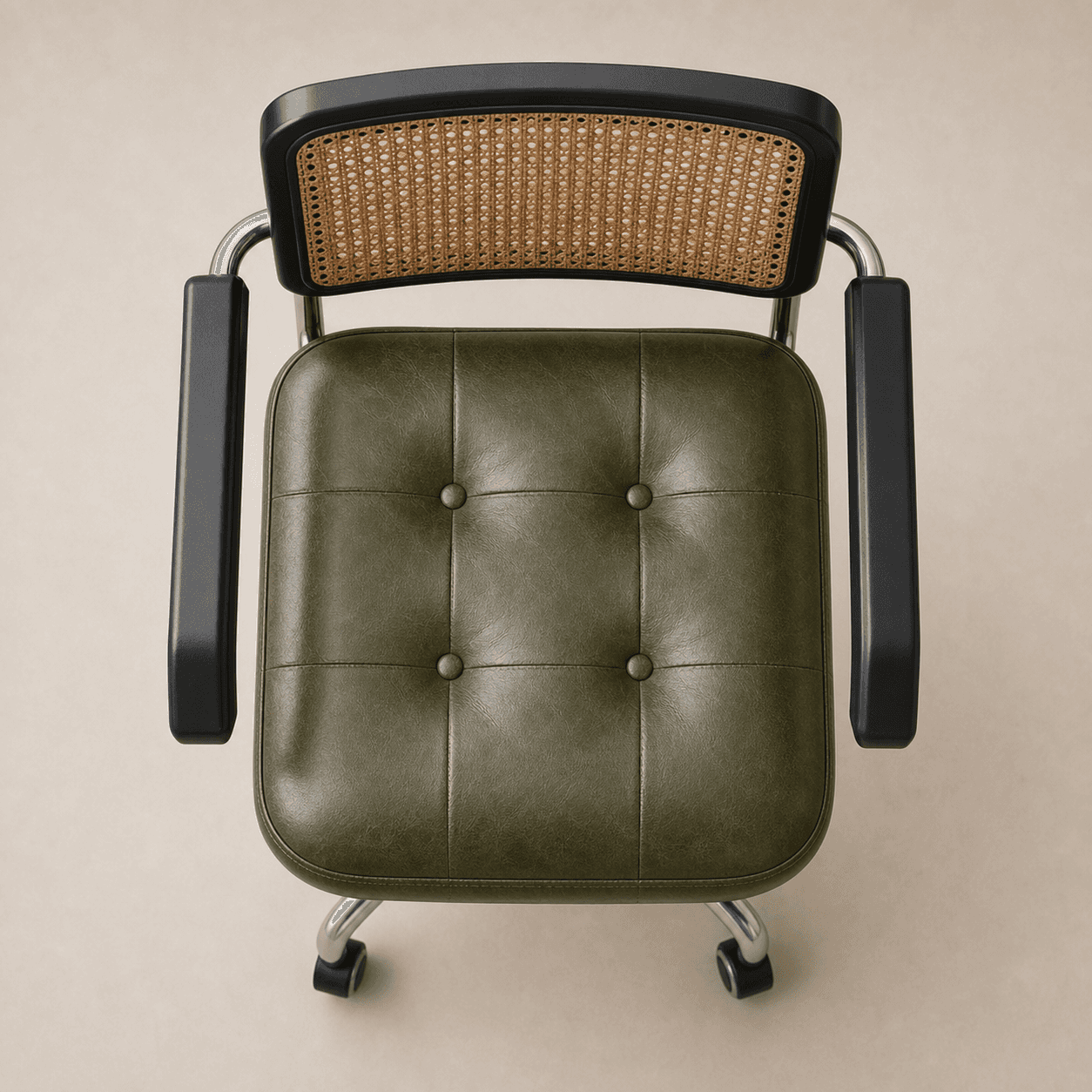A contemporary office chair featuring a button-tufted olive green faux leather seat, a natural cane… — free BLEND 3D model