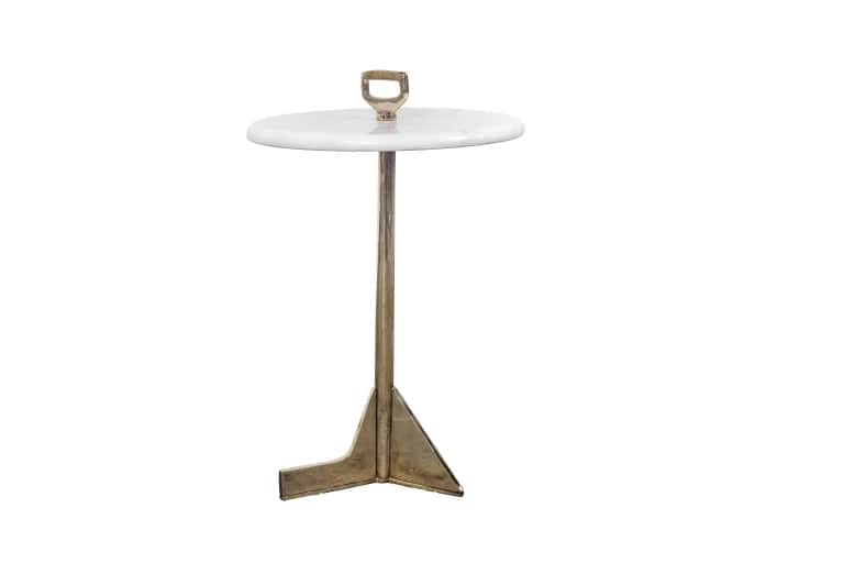 A small, round, white marble top table with a brass-finished metal single-stem base, featuring a uni… — 3D model