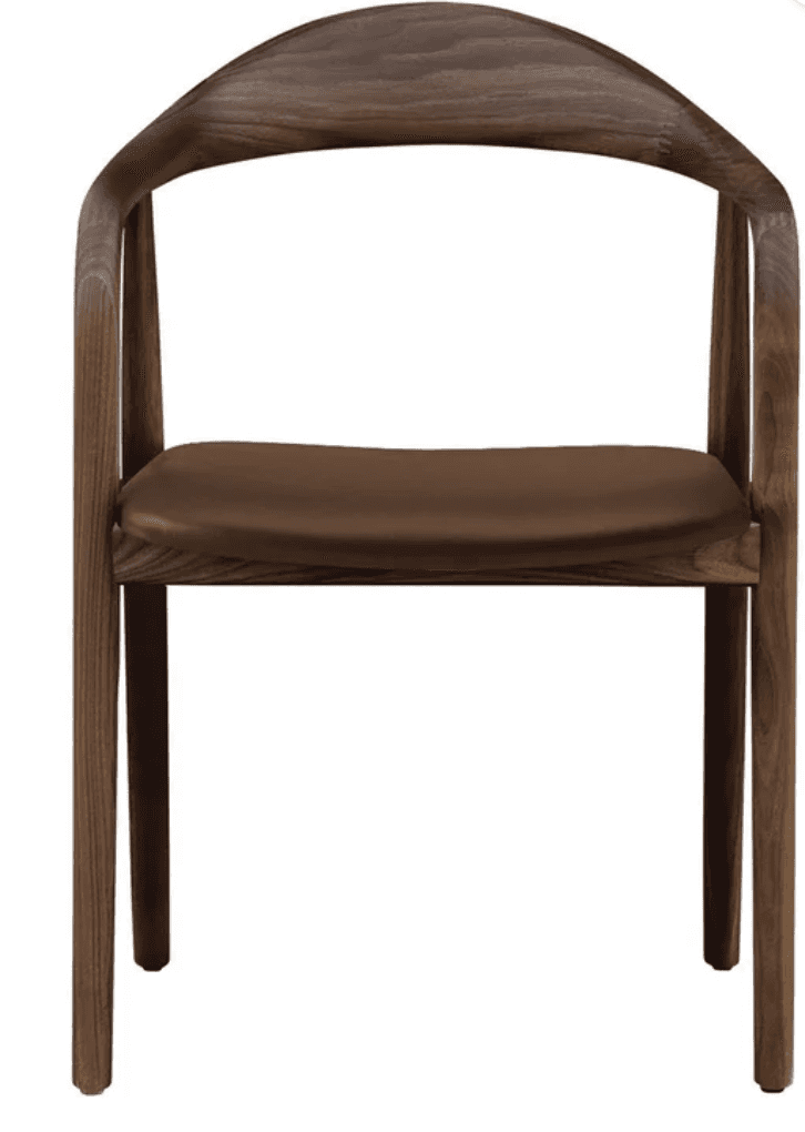 A modern armchair featuring a dark brown wooden frame with a curved backrest and integrated armrests… — 3D model