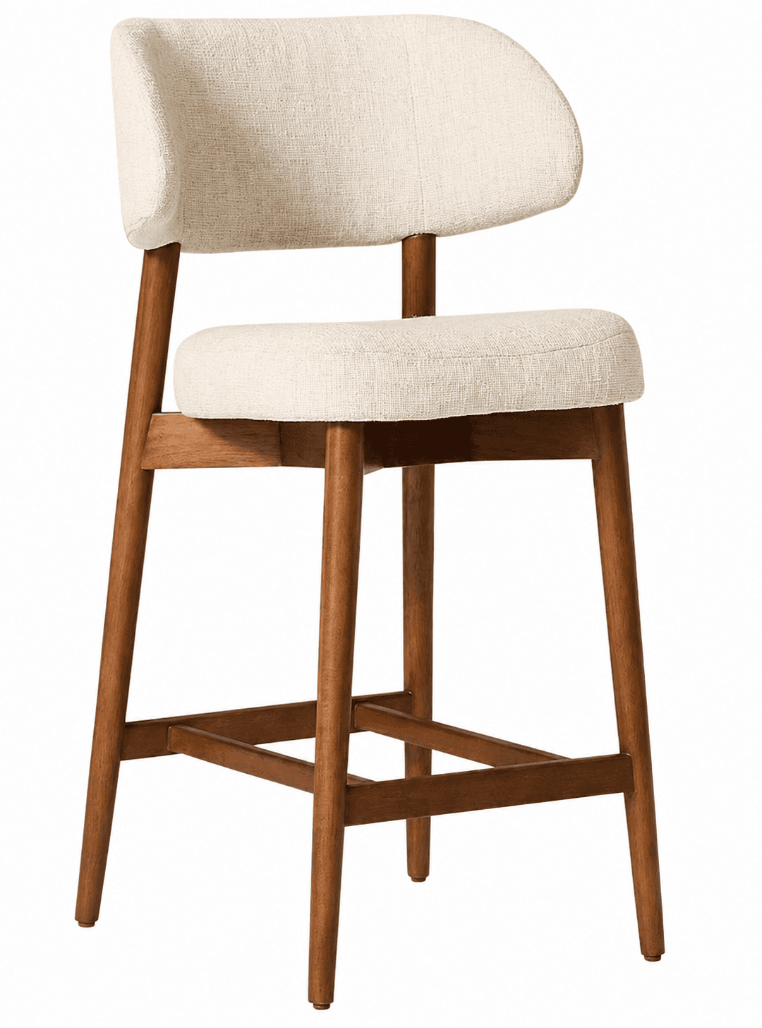 An upholstered counter stool featuring a natural wood frame and an off-white fabric seat and backres… — 3D model