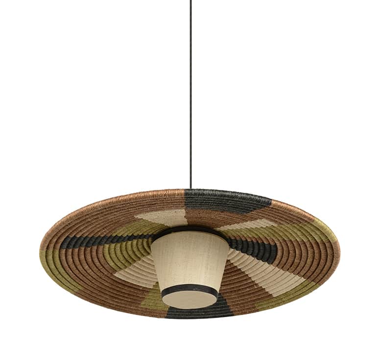 A contemporary pendant light featuring a wide, flat, circular shade crafted from intricately woven n… — 3D model