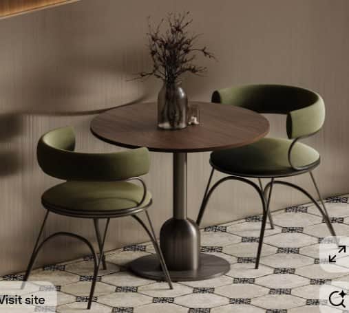 A contemporary dining set featuring a round dark wood tabletop, a brushed metal pedestal base, and t… — 3D model